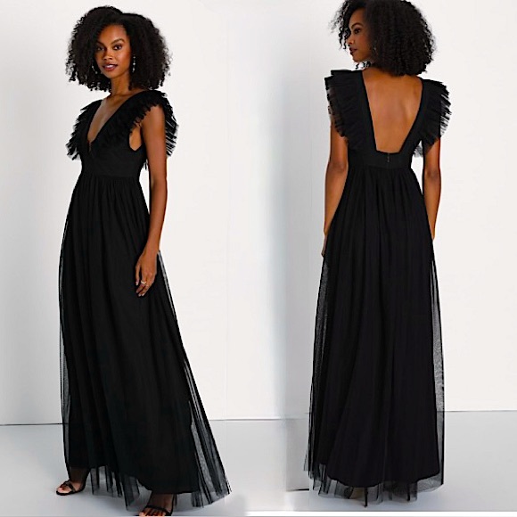 Lulus Simply Delighted Black Mesh Ruffled Backless Long Maxi Dress, Black, XXL - Picture 1 of 16